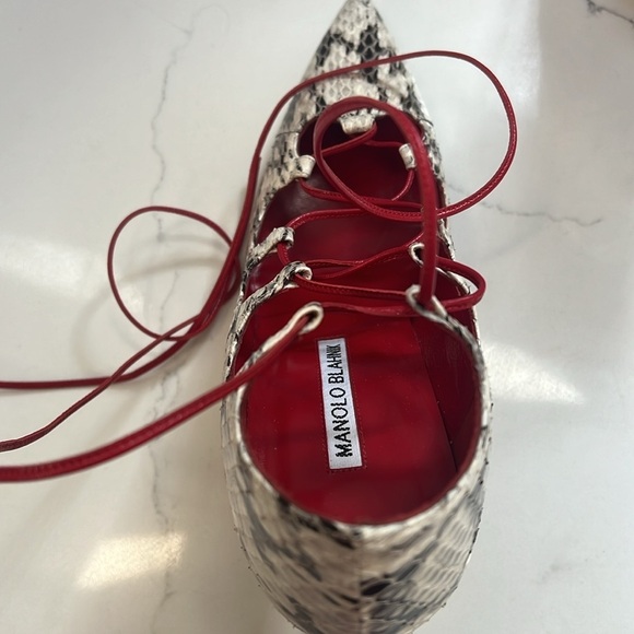 Manolo Blahnik Sz 39 Rogustta Snakeskin Leather Pumps W Red Leather Ties - New - Picture 6 of 10